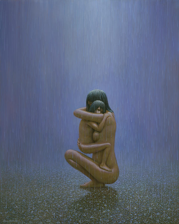 Mother Painting - Mother and Child in a Blue Mist of Rain by Brian McCarthy Mother Painting - Mother and Child in a Blue Mist of Rain by Brian McCarthy