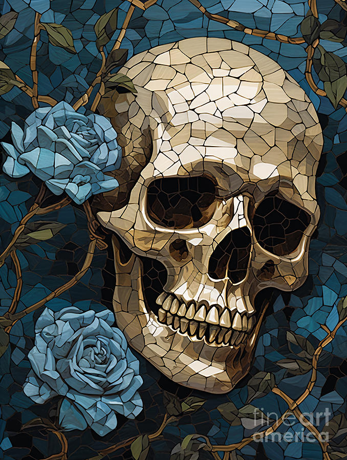 Ethereal Beauty Skull and Blue Roses Mosaic Digital Art by Badd