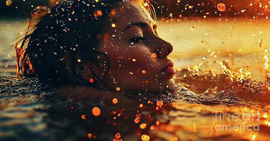 Sunset Digital Art - Ethereal euphoria - a womans serene sunset swim by Sen Tinel