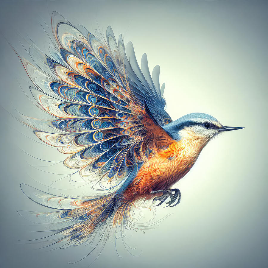 Ethereal Nuthatch Wings - A Fractal Symphony Photograph by Bill and Linda Tiepelman