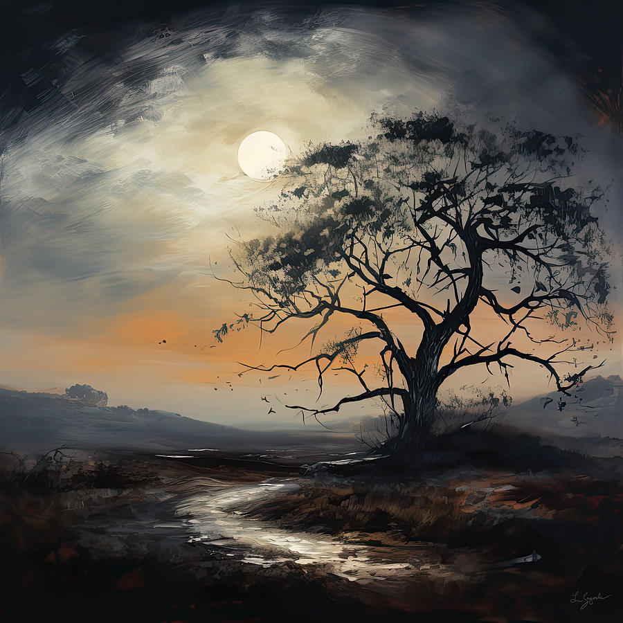 Ethereal Tree and Full Moon - Surreal Landscape Painting by Lourry Legarde Ethereal Tree and Full Moon - Surreal Landscape Painting by Lourry Legarde