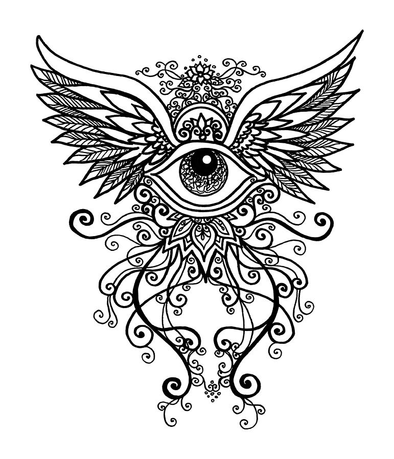 Ethereal Winged Eye - line art Drawing by Katherine Nutt - Fine Art America