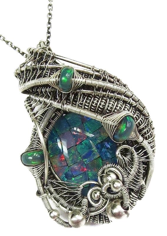 Opal Necklace Jewelry - Ethiopian Opal Mosaic Pendant with Ethiopian Welo Opals by Heather Jordan