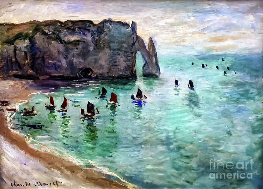 Etretat Arch Fishing Boats Leaving the Harbor by Claude Monet 18 Painting by Claude Monet
