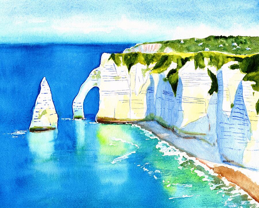 Etretat Aval Cliffs Arch and Needle Painting by Carlin Blahnik CarlinArtWatercolor