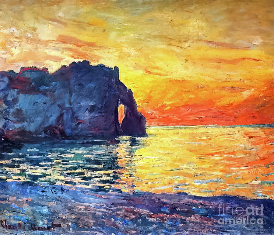 Etretat Cliff at Aval at Sunset by Claude Monet 1885 Painting by Claude Monet