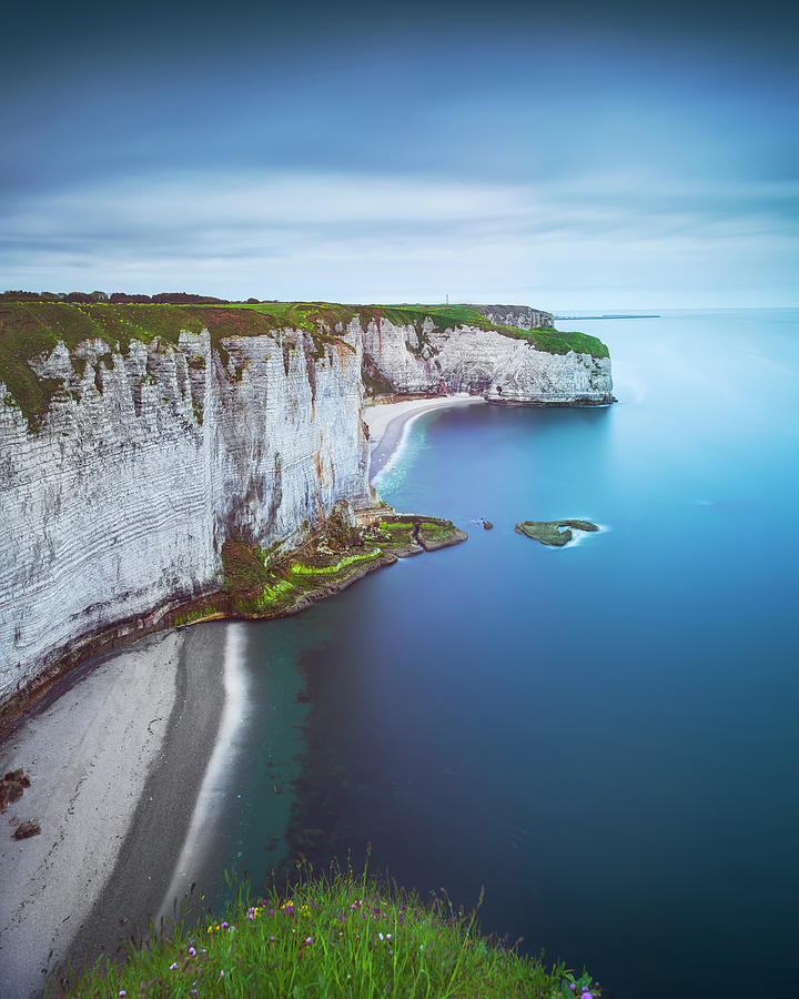 Etretat coast, rocky cliff and beach. Aerial view. Normandy, Fra Photograph by Stefano Orazzini