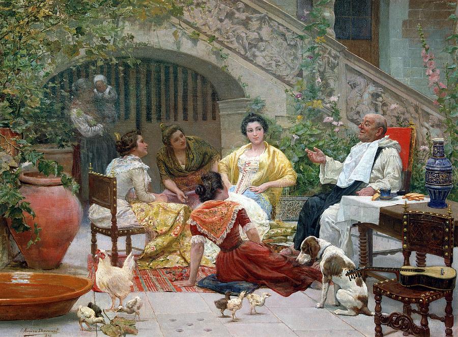 Eugenio Alvarez Dumont. Spanish Painter. Tunisia 1864-1927. gathering In The Patio Oil On Canva... Painting by Album