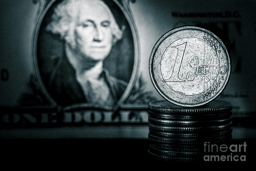 Euro and Dollar Exchange Rate Coin And Bill Relationship Black and White Macro Photograph by Pablo Avanzini