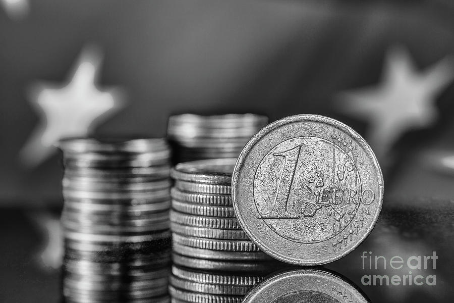 Euro Coin Stacks European Flag in the Background Black and White Macro Photograph by Pablo Avanzini