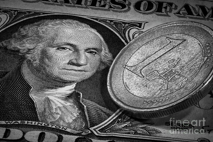 Euro Dollar Exchange Rate Parity Close Up Black and White Macro Photograph by Pablo Avanzini