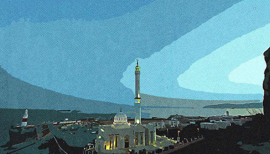 Leonardo Da Vinci Painting - Europa Point and the Ibrahim al Ibrahim Mosque Gibraltar Vintage Travel Poster by Asar Studios by Celestial Images