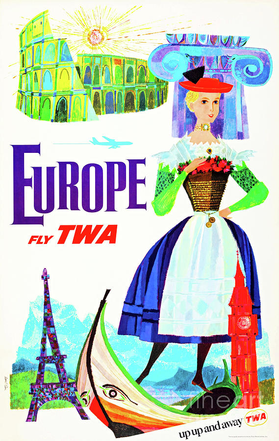 Europe Fly TWA Vintage 1960s Air Travel Poster Painting by Peter Ogden