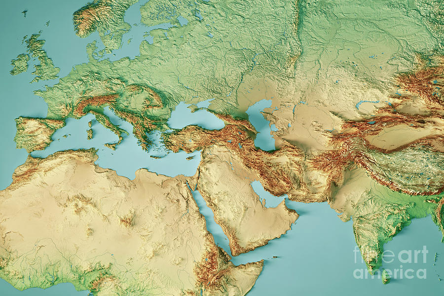 Map Digital Art - Europe India Middle East 3D Render Topographic Map Color by Frank Ramspott
