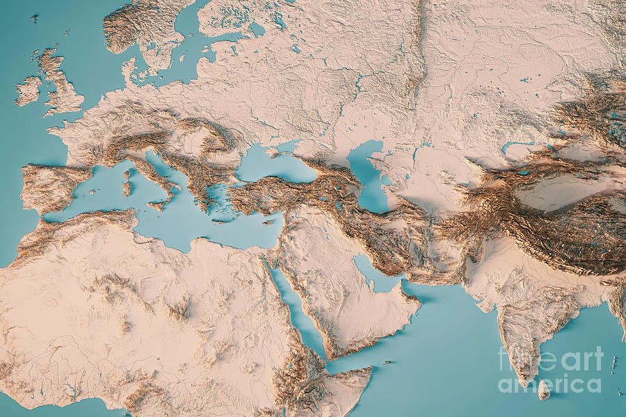 Europe India Middle East 3d Render Topographic Map Neutral Digital Art
