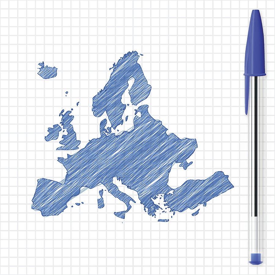 Europe map sketch on grid paper, blue pen Drawing by Bgblue