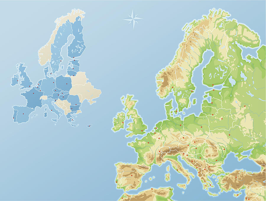 Europe - physical map and states of the European Union Drawing by Bo68