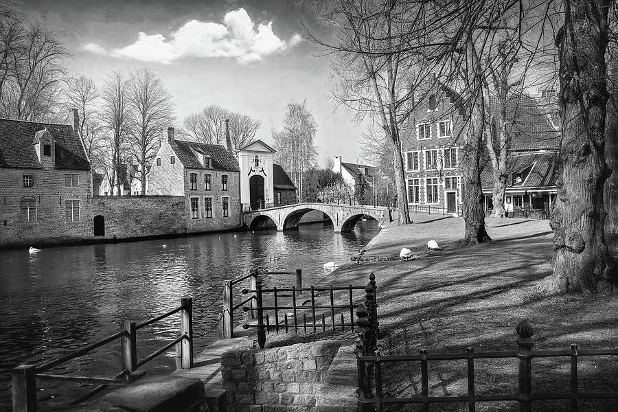 European Canal Scenes Bruges Belgium Black And White Photograph