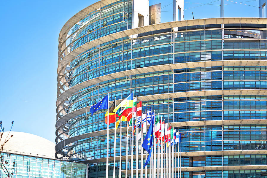 European countries flags in front of European Parliament buildin ...