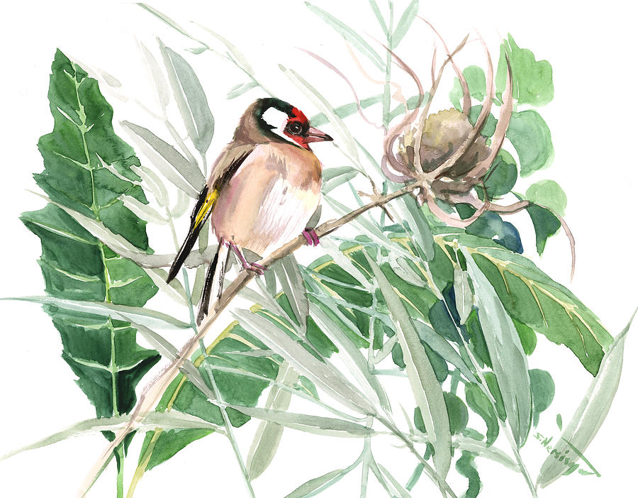 European Goldfinch and Meadow Herbs Painting by Suren Nersisyan