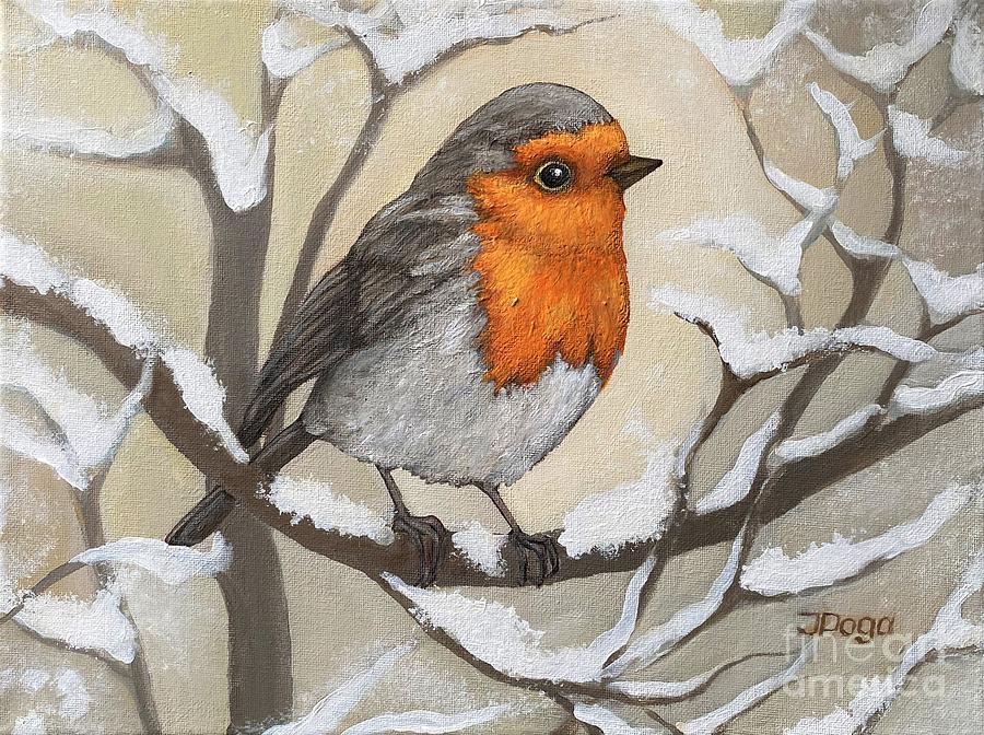 European robin, winter Painting by Inese Poga
