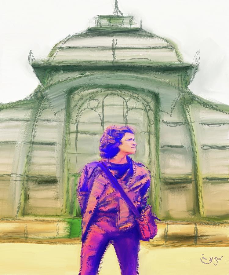 European traveler teleported to a conservatory in purple and green architecture figure bag sunset Painting by Mendyz