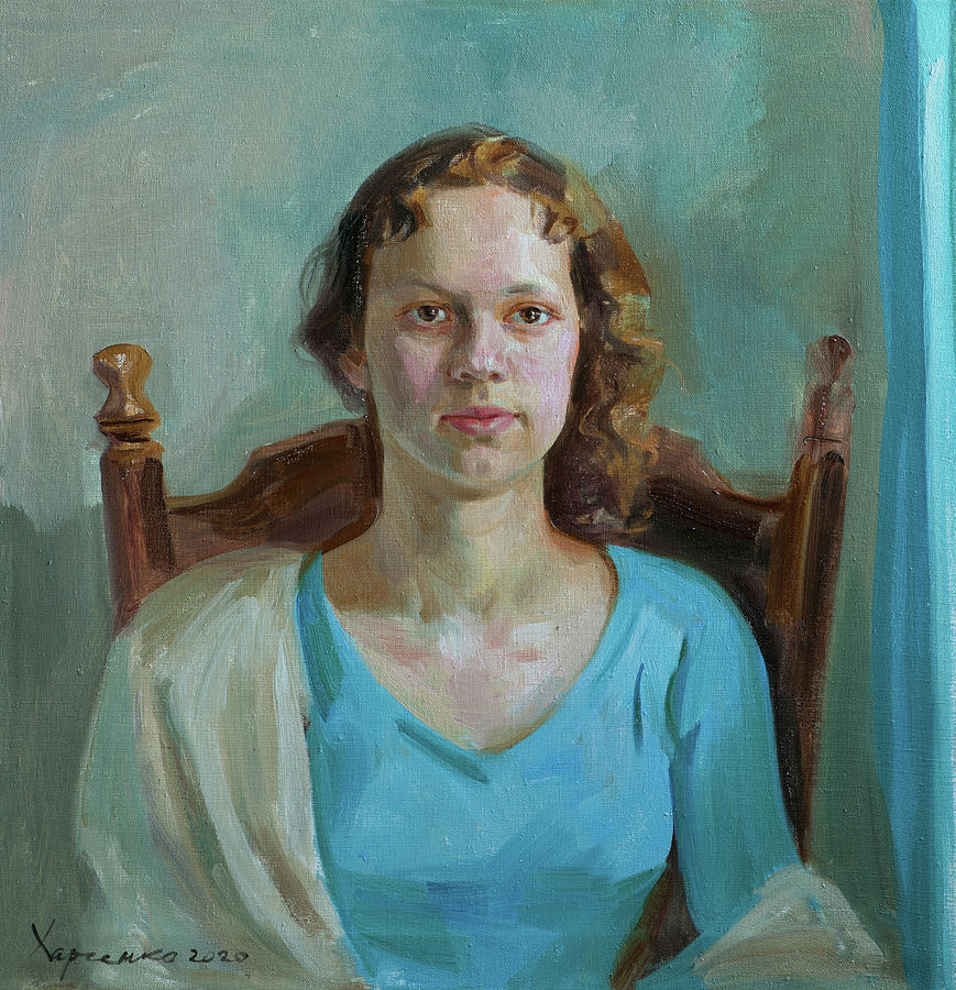 Portrait Painting - Eva in light blue by Victoria Kharchenko