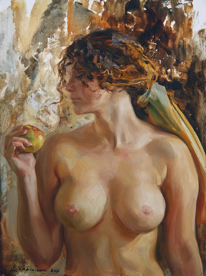 Nude painting naked girl flower, original oil pa.