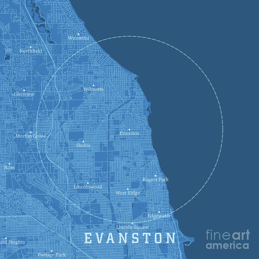 Evanston IL City Vector Road Map Blue Text Digital Art by Frank 