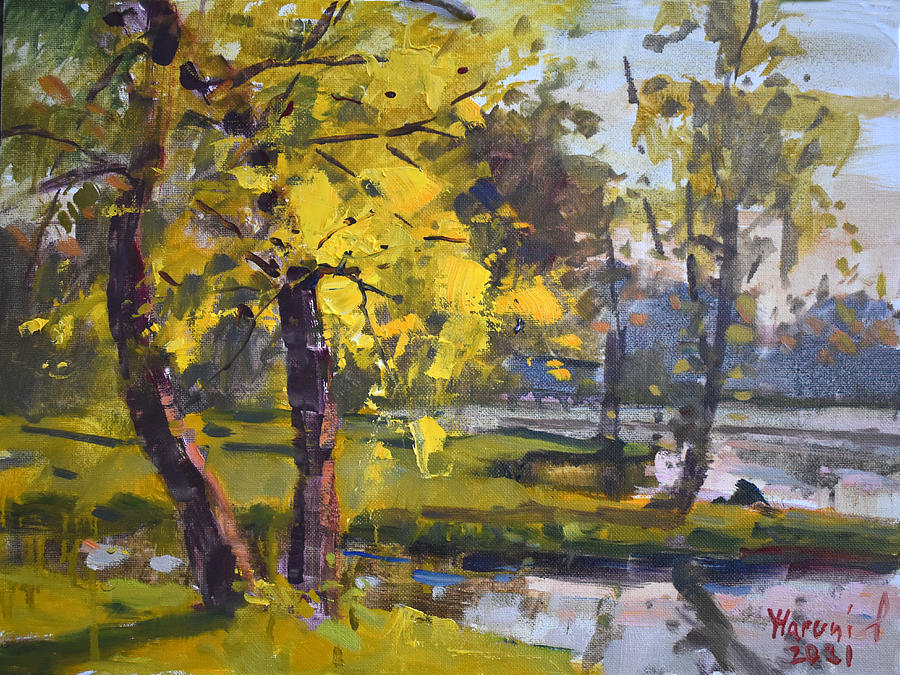 Evening at Bond Lake Park Painting by Ylli Haruni