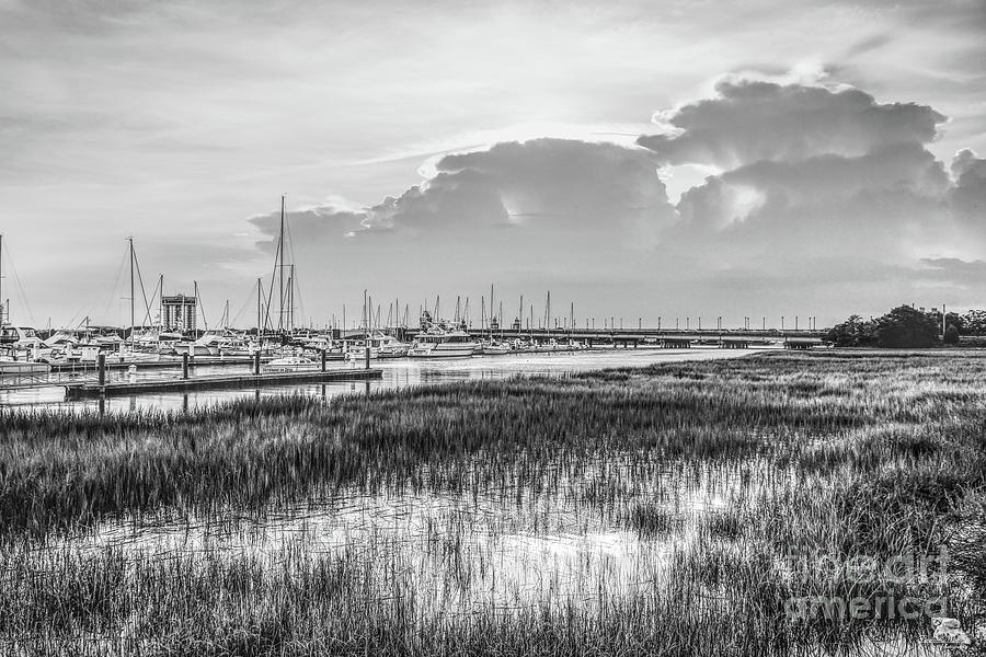 Evening at Charleston Harbor Grayscale Photograph by Jennifer White