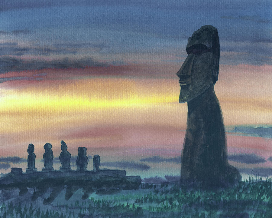 Evening At Easter Island Statues Sunset Watercolor  Painting by Irina Sztukowski