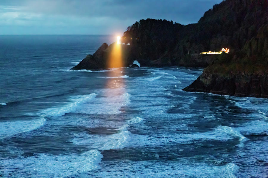 Evening At Heceta Head Lighthouse And Lightkeepers Cottage Photograph