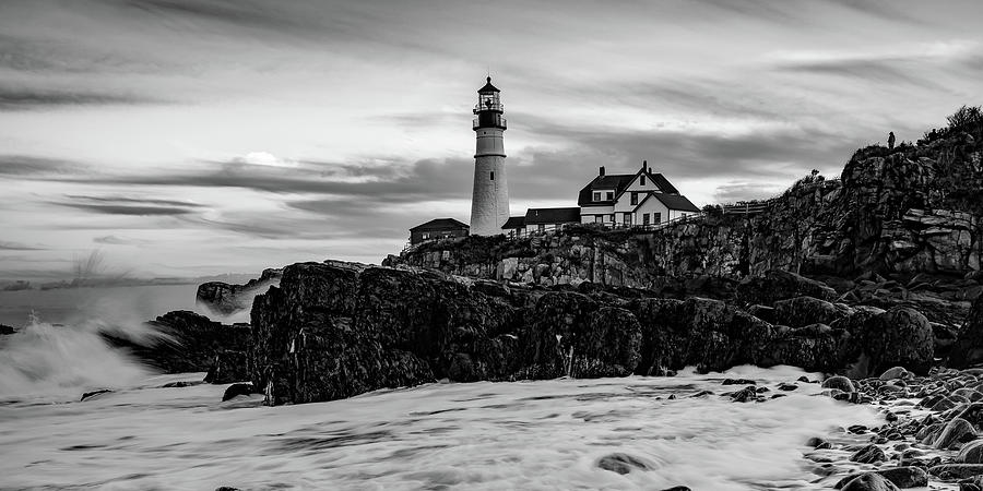 Evening At Portland Head Light - Black and White Panoramic Format Photograph by Gregory Ballos
