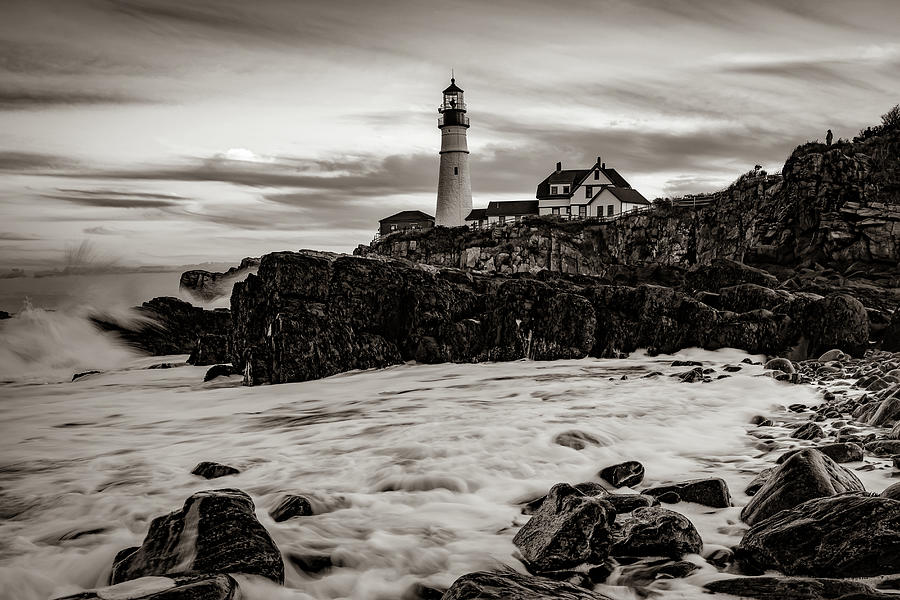 Vintage Photograph - Evening At Portland Head Light - Sepia by Gregory Ballos