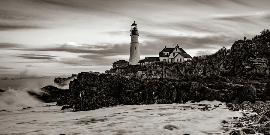 Evening At Portland Head Light - Sepia Panoramic Format Photograph by Gregory Ballos