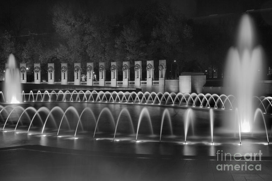 Evening At The WW II Memorial Fountain Black And White Photograph by Adam Jewell