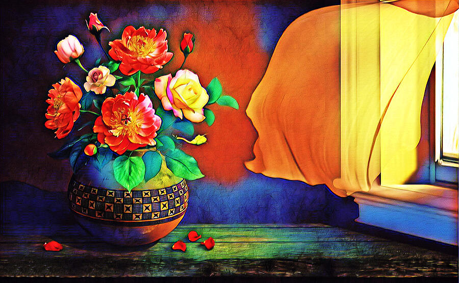 Evening Breeze,Colorful Roses Floral Still Life Pop Art Digital Art by Shelli Fitzpatrick