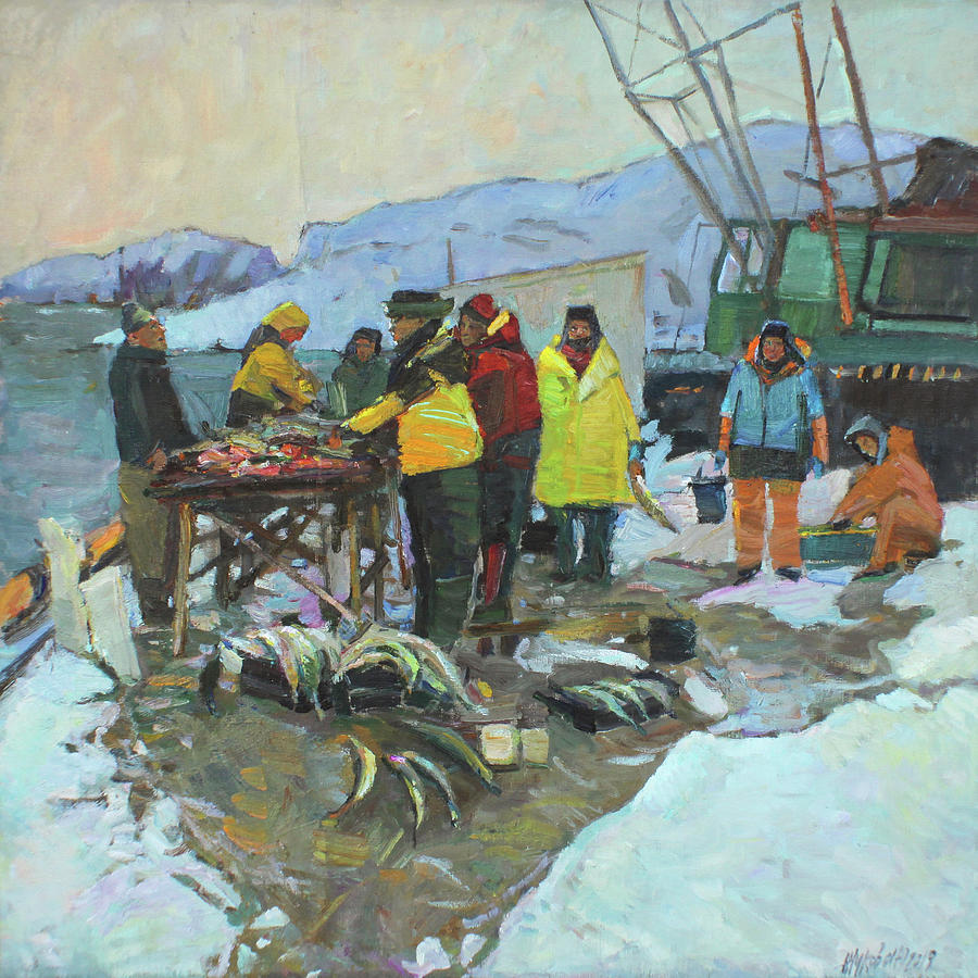 Evening. Fishermen on the pier Painting by Juliya Zhukova
