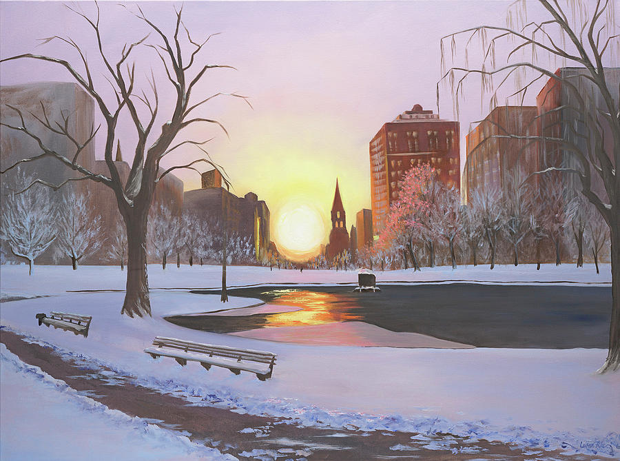 Evening Glow At Boston Public Garden Painting