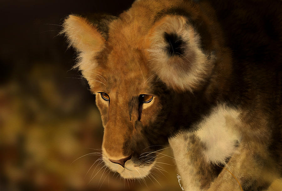 Evening Hunt- lioness hunting painting Painting by Becky Herrera