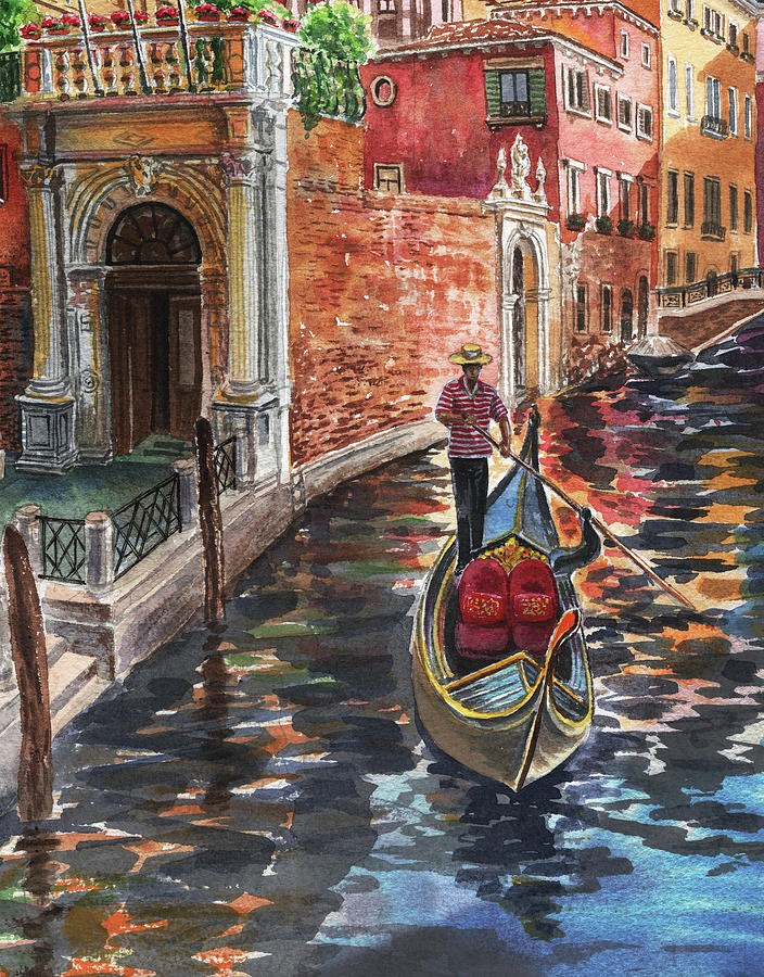 Evening In Venice Canal Watercolor  Painting by Irina Sztukowski