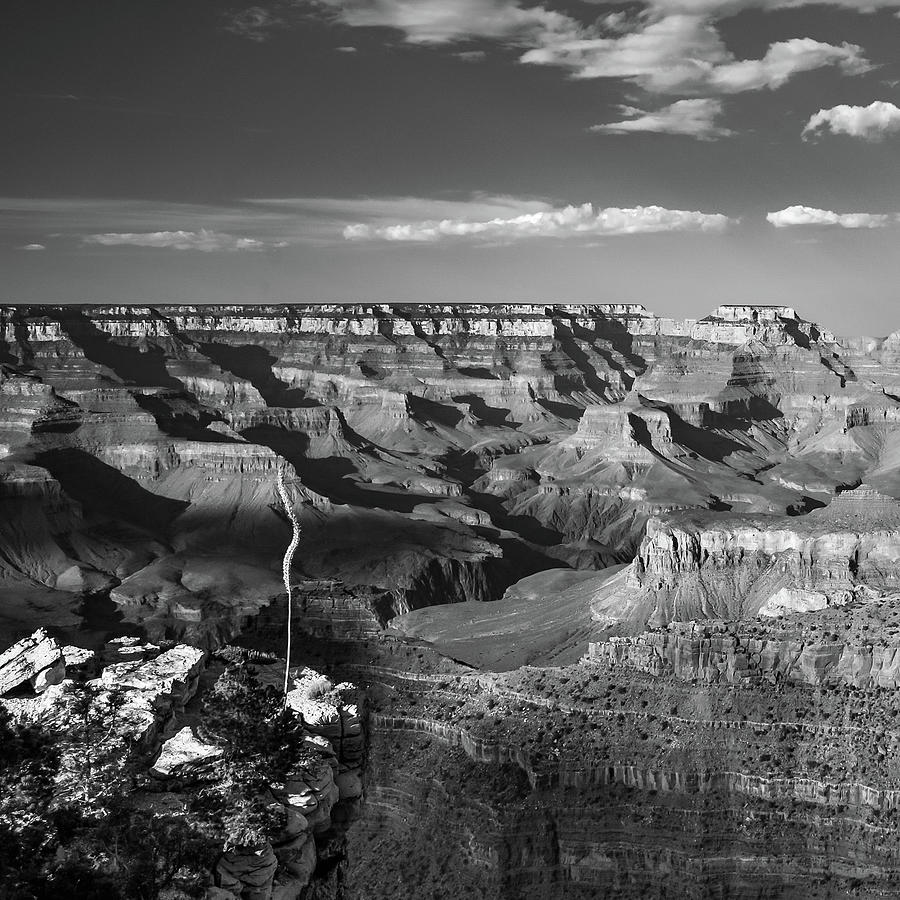 Evening Light Over Grand Canyon Arizona - Black and White 1x1 Photograph by Gregory Ballos