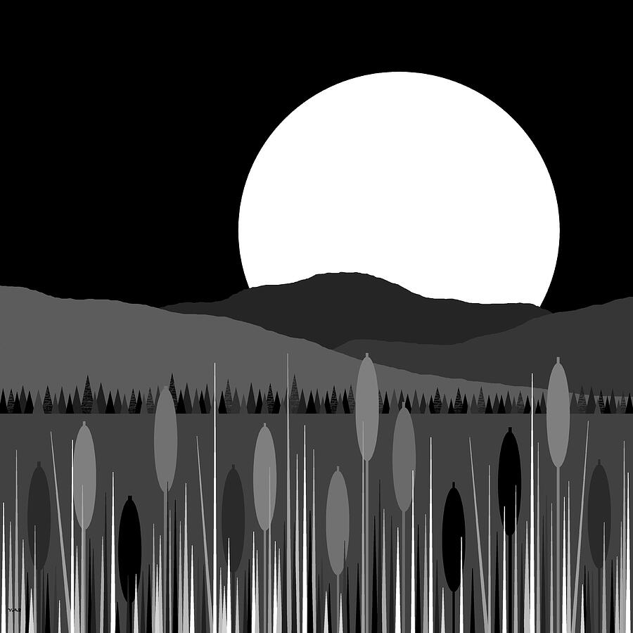 Evening Moon - Cattails in Black and White Digital Art by Val Arie