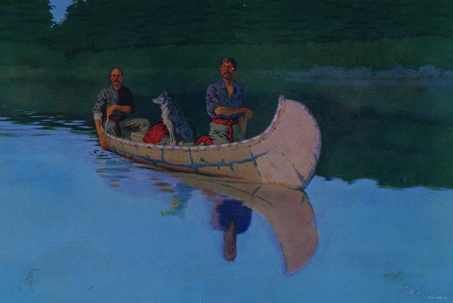 Frederic Remington Painting - Evening On A Canadian Lake Two men and a dog in a canoe by Frederic Remington