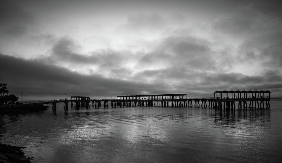 Pier Photograph - Evening Sky At The Pier In Black and White by Greg and Chrystal Mimbs