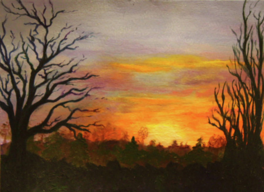 Original oil painting of summer evening sunset sky 15x15 cm