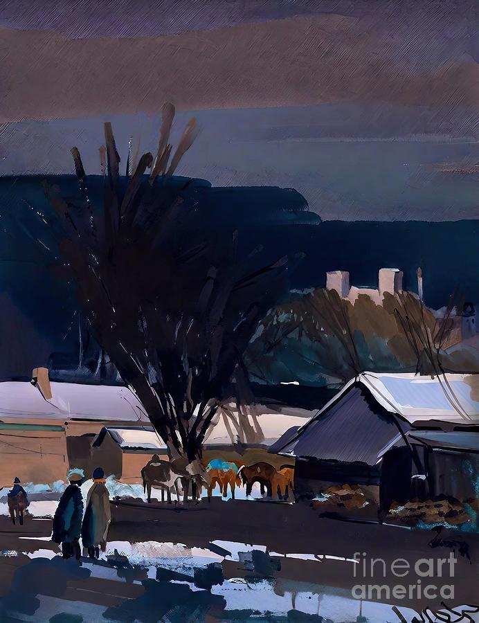 Nature Painting - evening time Painting nature landscape gouache paper blue folk the mountains horse buy expensive village talent architecture background balearic beach beautiful big capital castle cathedral city by N Akkash