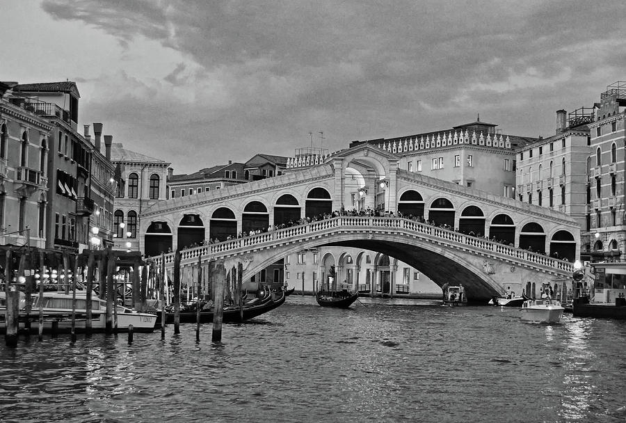 Evening Twilight Falls on Rialto Bridge Venice Italy Black and White Photograph by Shawn OBrien