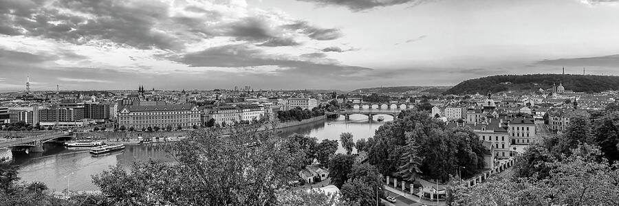 Architecture Photograph - Evening view over the Vltava bridges in Prague - Monochrome Panorama by Melanie Viola